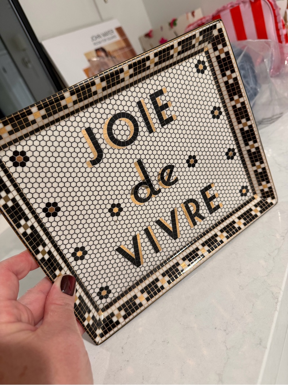 Anthropologie Joie de Vivre Bistro Tile Tray Black White Gold